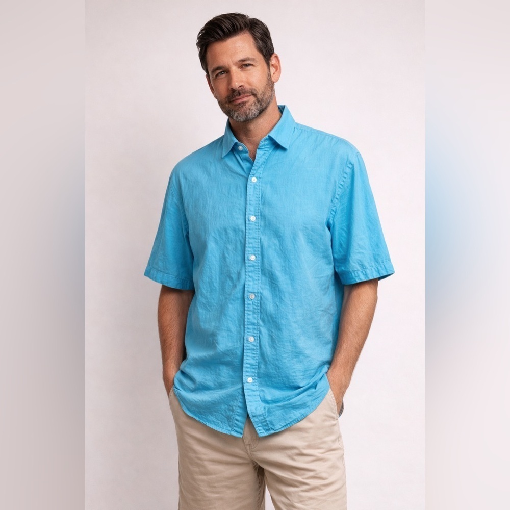 Taylor Byrd Collection Mens Blue Cotton Button Up Shirt Short Sleeve Beach